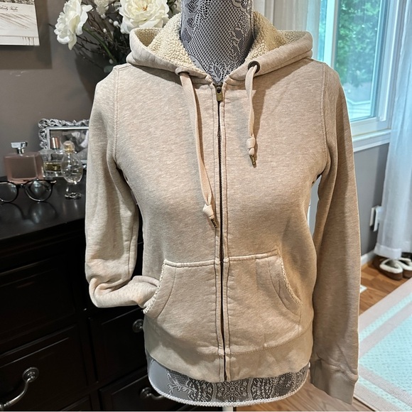 J.Crew Vintage Sherpa Lined Zip Hoodie Sweatshirt Beige Size Small - Picture 3 of 16